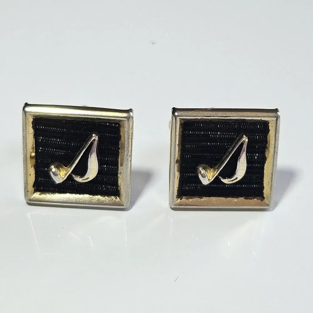 *Sale* Gold Tone Black Vintage 1960's Signed Anson Musical Note Cuff Links